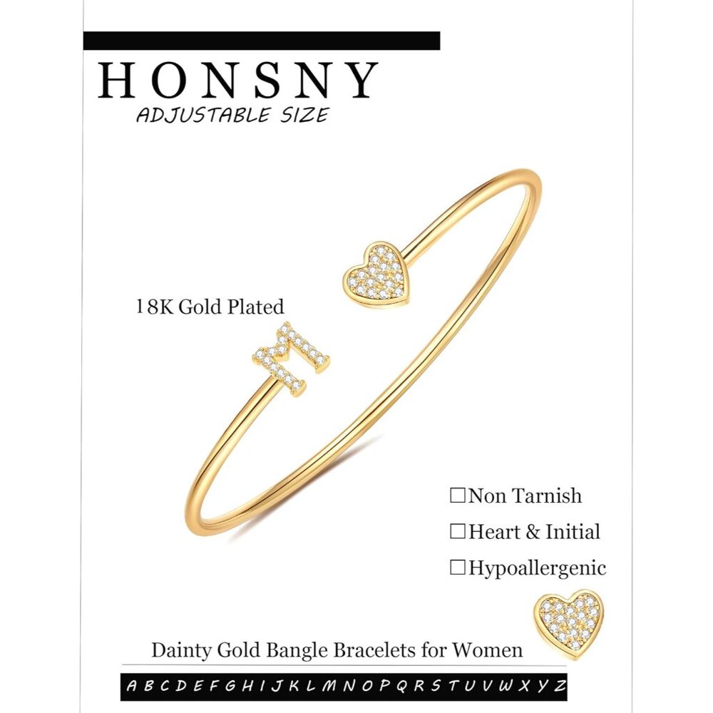 Adjustable Gold Initial Heart Bangle Bracelet For… - image 5